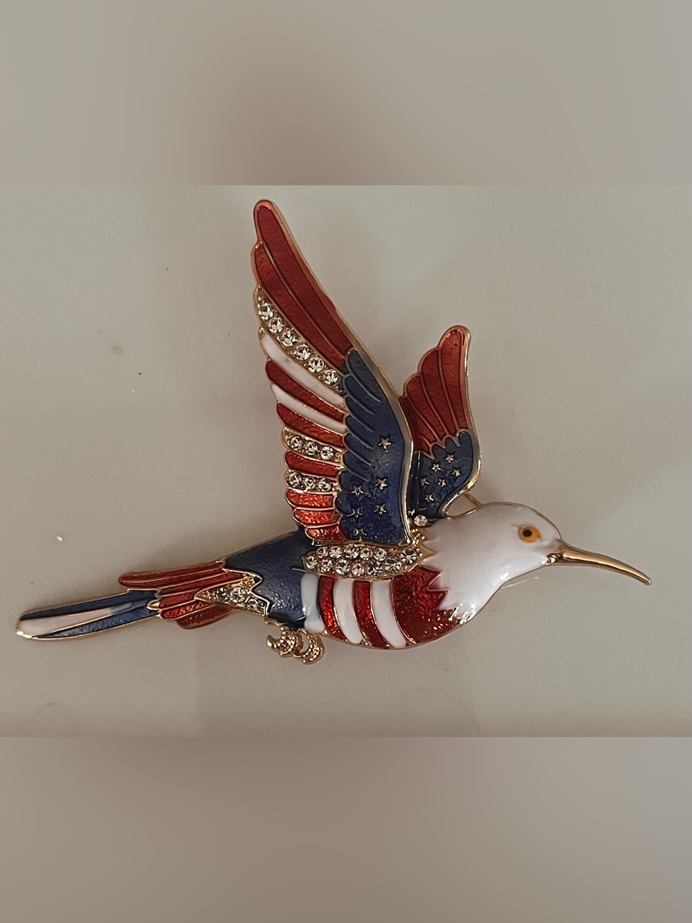 Patriotic Hummingbird Enamel Brooch Pin - Red, White & Blue